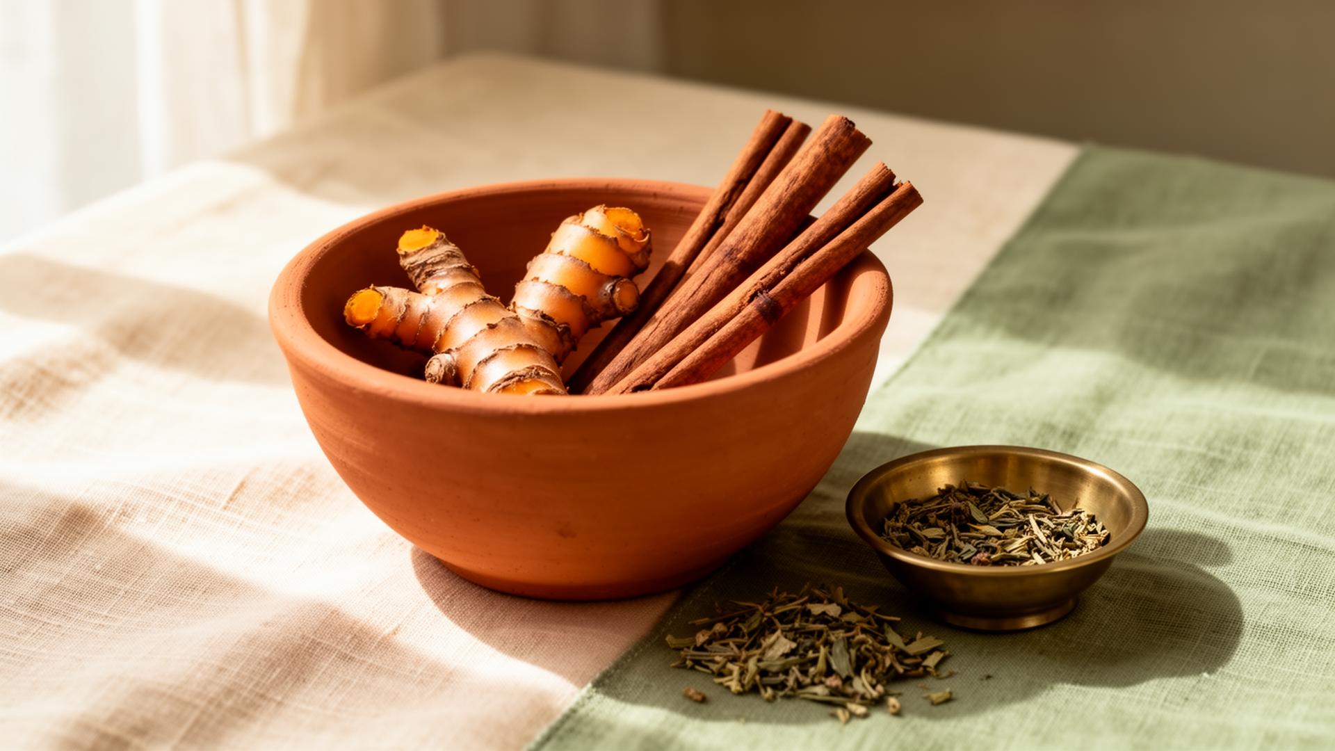 Ayurvedische Heilpflanzen und Gewürze in einer Tonschale